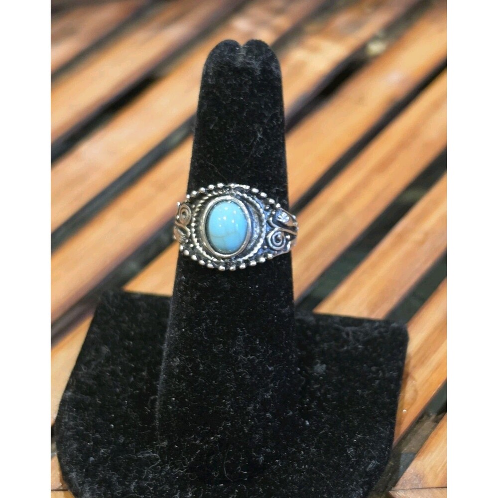 Vintage Boho Silver Tone Ornate Scroll Filigree Light Blue Cabochon Ring Size...